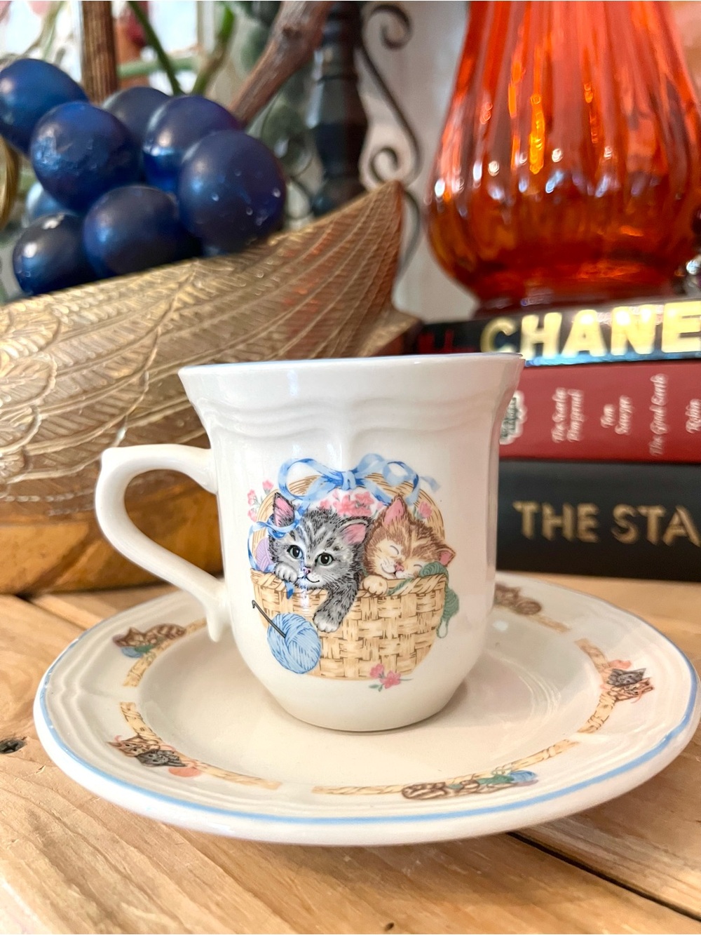 Vintage Tienshan Purrfect Friends Kitten Cup & Saucer Cat-Themed Stoneware